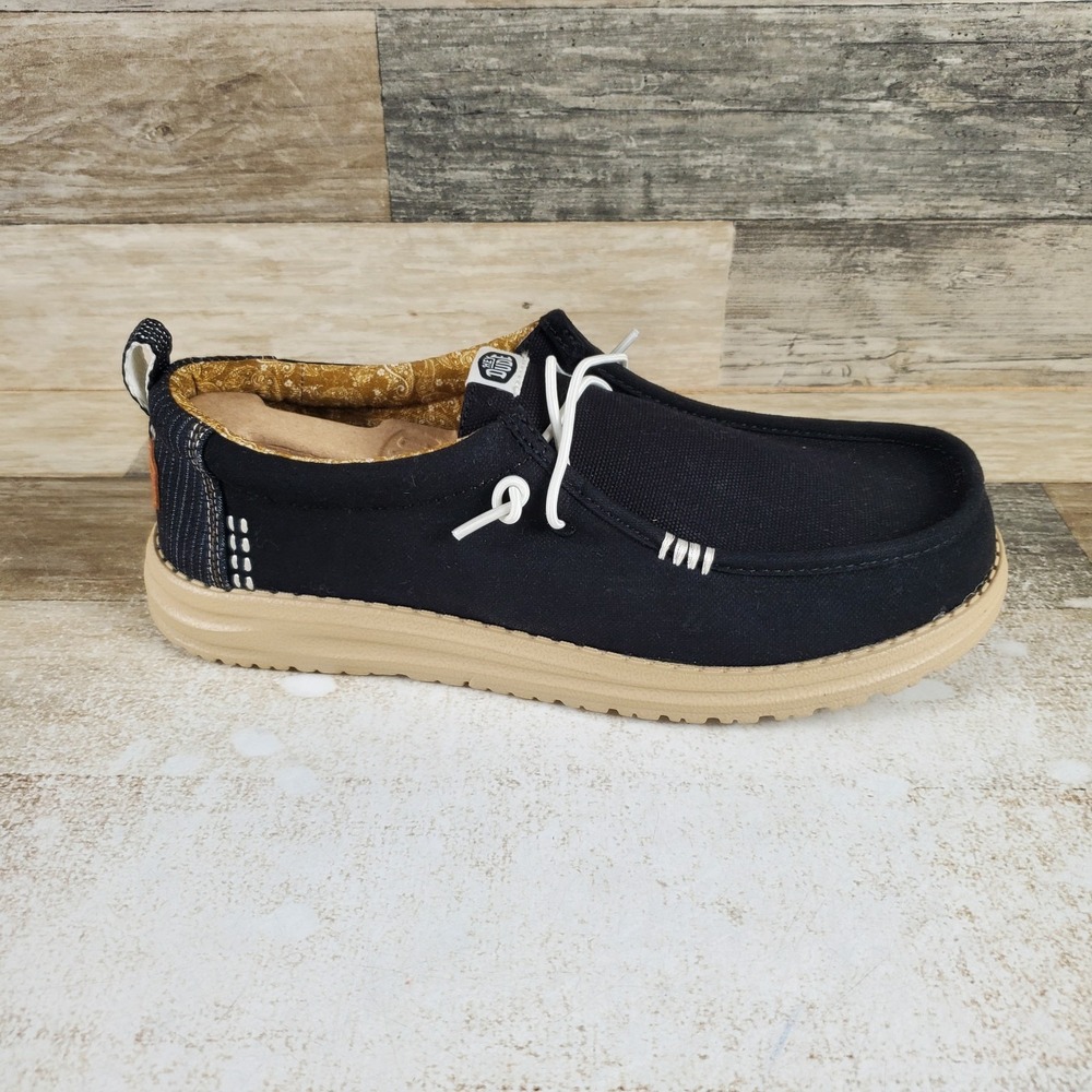 Hey Dude Wally Hickory Denim Mens Loafers Shoes Sz 9 Black Tan Comfort Round Toe